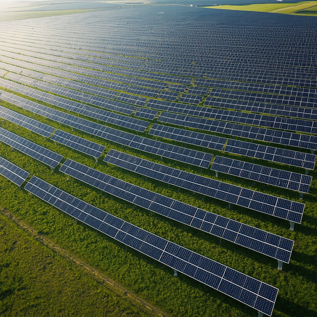 Aerial view of vast solar panel arrays in a green field under bright sunlight, photorealistic, 4k, no people
